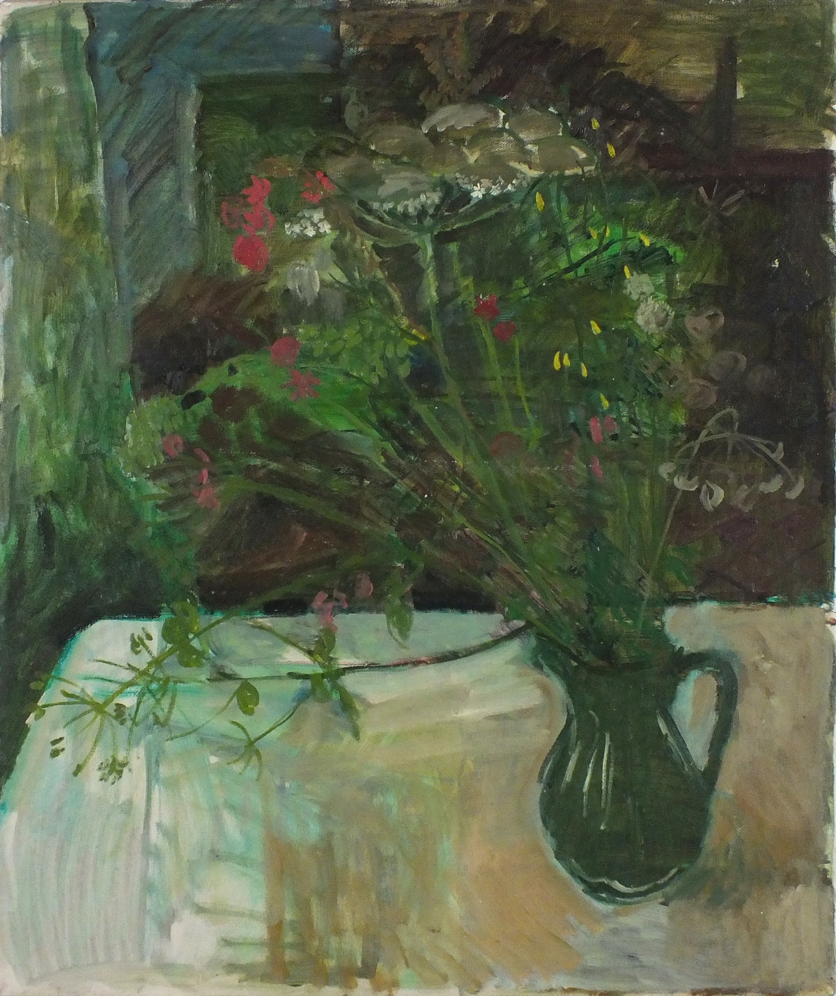 Pat ALGAR (1939-2013), Oil on canvas, Still Life - wild flowers in Jug, Studio Stamp to verso,