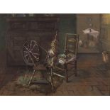 M* BURGESS (19th Century English School), Watercolour, Cottage interior with Spinning Wheel, Court