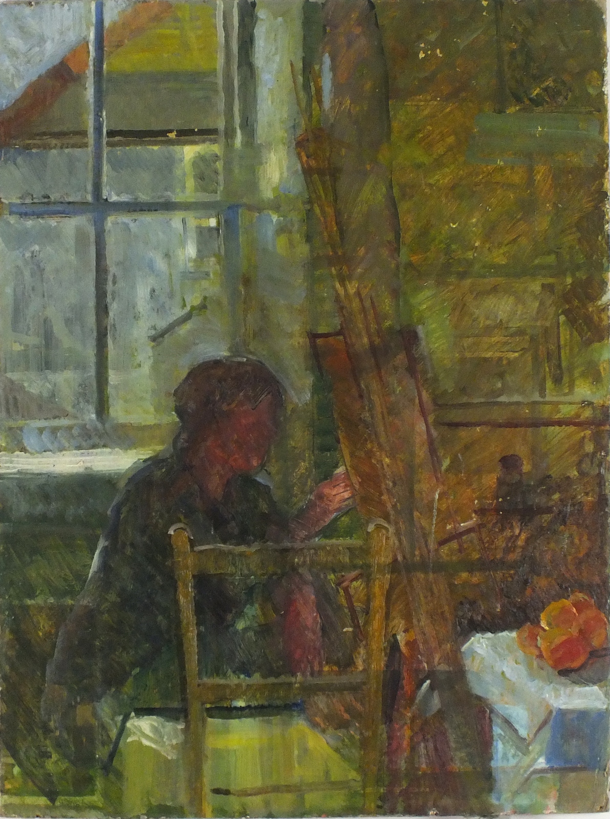 Pat ALGAR (1939-2013), Oil on board, Self portrait of the artist with still life, Studio Stamp to