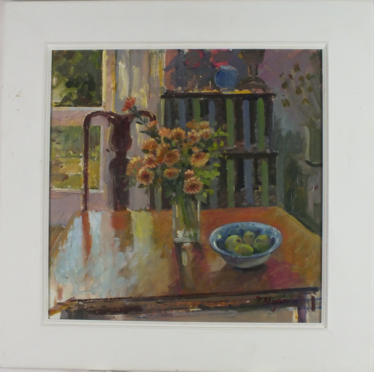 Pat ALGAR (1939-2013), Oil on board, 'Autumn Interior - Chrysanthemums', Inscribed & Studio Stamp to - Image 2 of 2