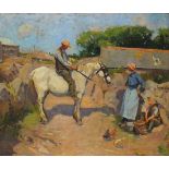 Frank Gascoigne HEATH (1878-1936), Oil on canvas, Farmyard Talk - man on horseback in conversation