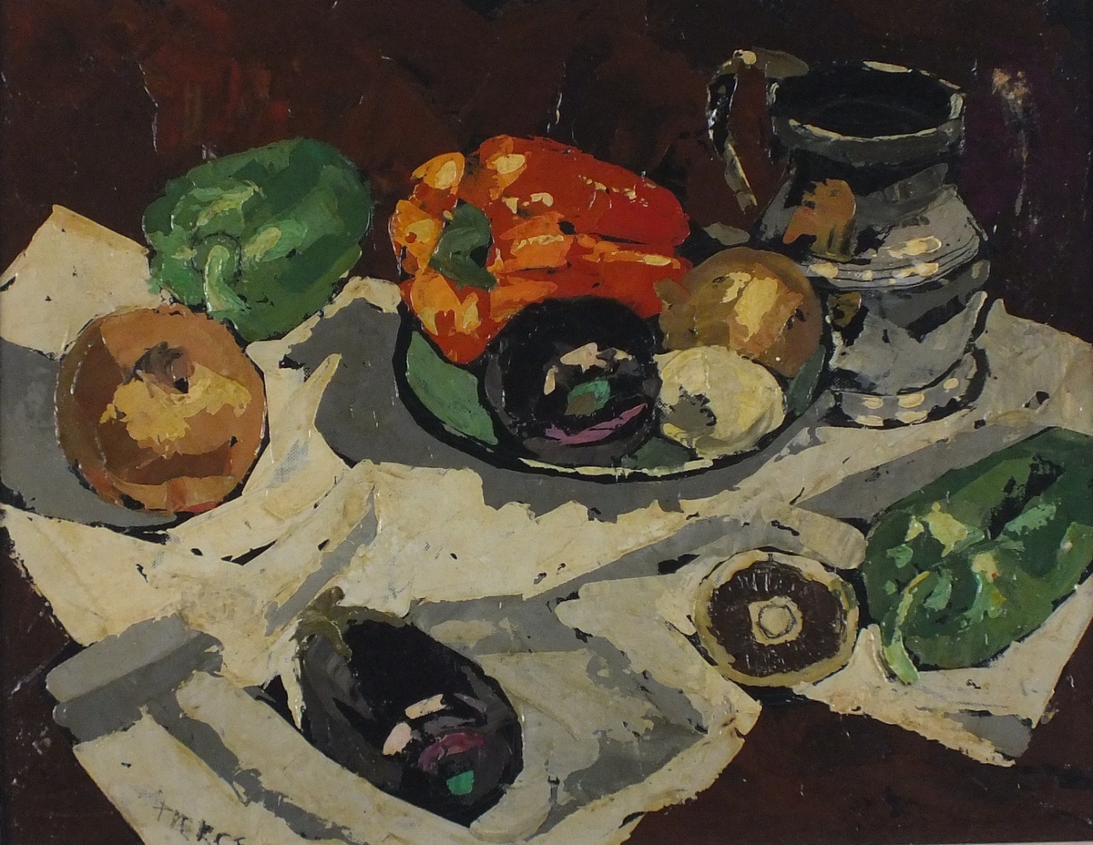 †Richard PIERCE (20th Century British School), Oil on board, Still life - Peppers & vegetables with