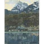 Ken HOWARD (b.1932), Oil on canvas board, 'Switzerland' - snow capped mountain from a lake,