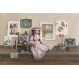 †Deborah JONES (1921-2012), Oil on canvas, Still life - Doll and Teddy Bear on a shelf, Signed &