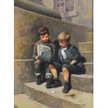 † John SEEREY-LESTER (b.1945), Oil on canvas, Two Boys reading a Newspaper, Signed, 15.25" x 11.