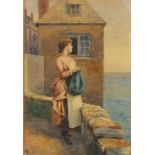 E* R* (19th Century English School), Watercolour, Young Fisherwoman looking out to sea, Signed