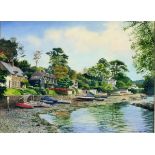 Grahame DEAN (20th Century English School), Watercolour, Houses by the water, Helford River,