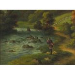 19th Century British School, River Landscape with Fisherman, Oil on canvas laid on board,