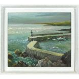 Richard SLATER (British b.1927) 'Lighthouse Mevagissey', Oil on board, Signed & inscribed on label