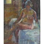 Pat ALGAR (British 1939 - 2013) 'Seated Nude - Self Portrait', Oil on board, Inscribed verso, Signed