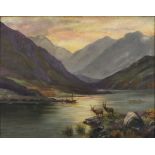 19th Century British School, Scottish Highland Landscape - Boat on the Loch and Stags on the