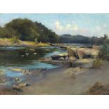 Samuel John Lamorna BIRCH (BRITISH 1869-1955) Oil on canvas, 'Summer' - figures by Malton Weir River