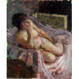 Pat ALGAR (British 1939 - 2013) Portrait of a Reclining Female Nude, Oil on board, Signed lower