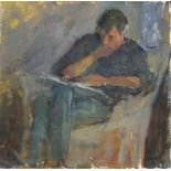 Pat ALGAR (British 1939 - 2013) Portrait of Rab reading a Book, Oil on board, Signed lower right,