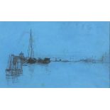 Matthijs MARIS (Dutch 1839-1917) Moored Vessels in a Broad Canal, Pencil on blue paper, Signature