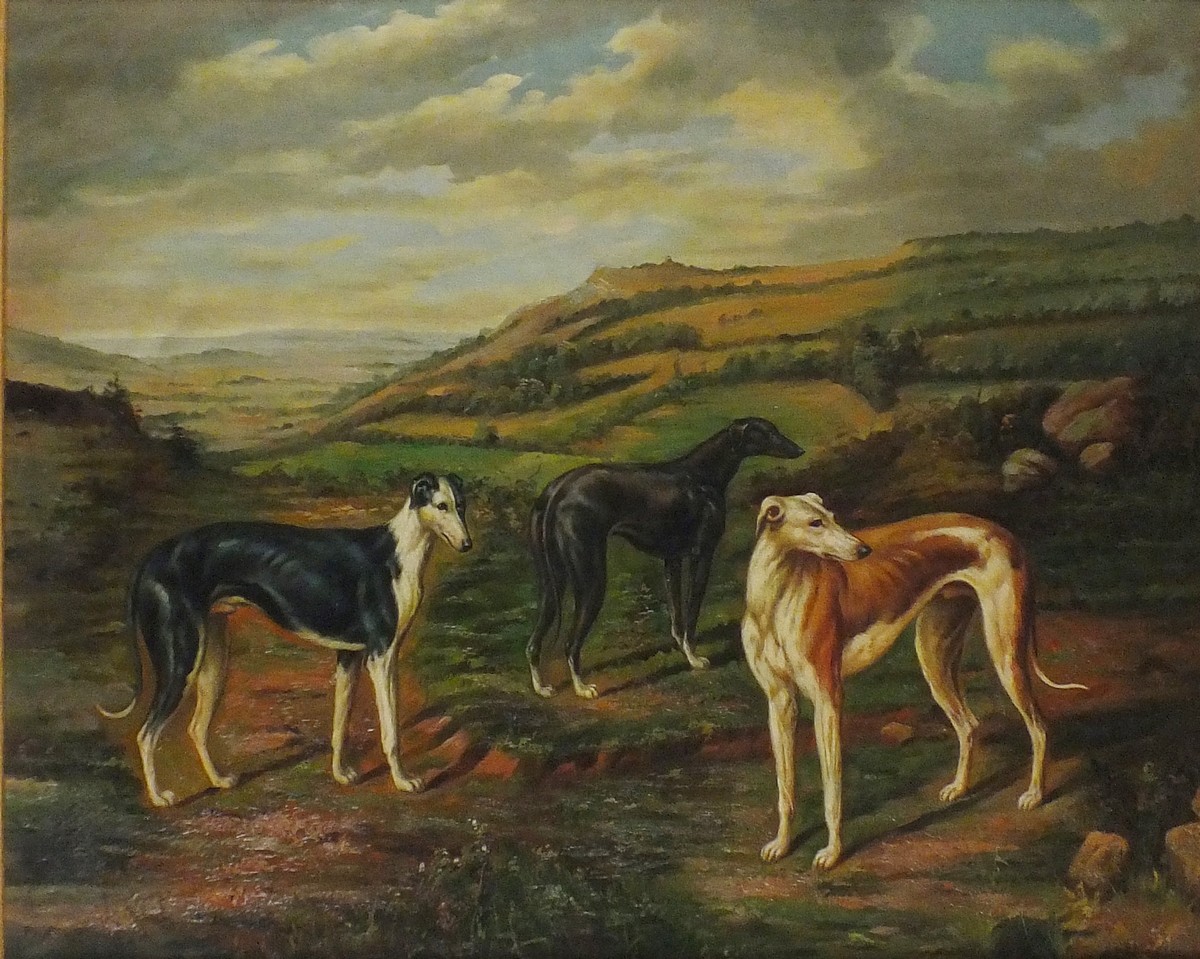P* PARFIT (20th Century English School) Three Greyhounds in a Mountain Landscape, Oil on canvas,