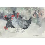 Lesley HOLMES (British b.1958) Four Maran Chickens in the Snow outside a Cottage, Watercolour,