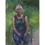 Pat ALGAR (British 1939 - 2013)  Self Portrait -  the artist seated in her garden, Oil on canvas,