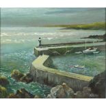 Richard SLATER (British b.1927) 'Lighthouse Mevagissey', Oil on board, Signed & inscribed on label