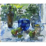 Pat ALGAR (British 1939 - 2013) Still Life with Vases, Jug and Apples, Oil on board, Unsigned,12"