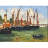 Eric WARD (British b. 1945) Thames Barges - Maldon, Oil on panel, Titled verso, Signed lower left,