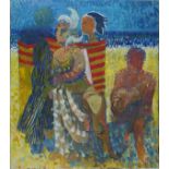 Pat ALGAR (British 1939 - 2013)  'Beach Figures', Oil on canvas, Signed verso, Unframed, 27.5" x