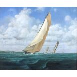 20th Century English School, J-Class yachts racing in the Solent Ivanhoe leading Gallma, Iverna &