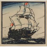 Cyril A. WILKINSON (British 1893 - 1926) 'Revenge' - Galleon at Sea, Woodcut, Titled in pencil, 8.