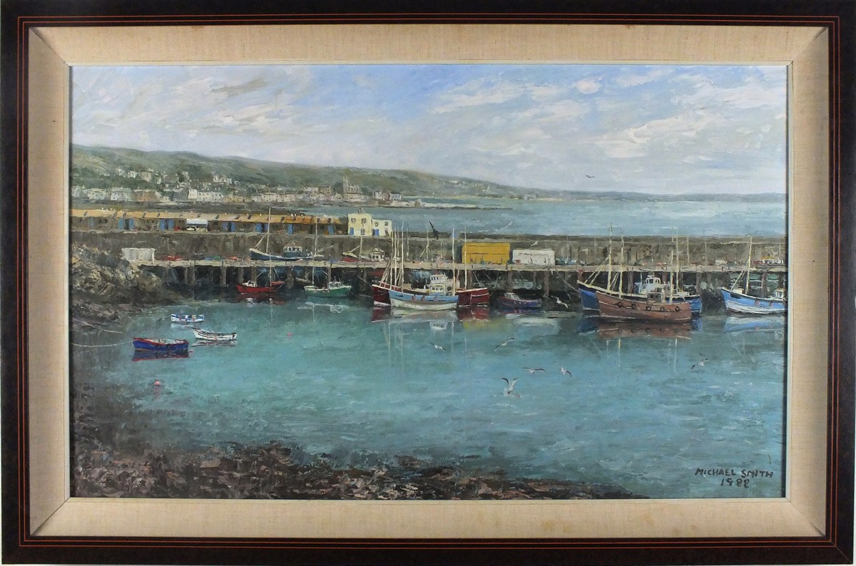 Michael SMITH (British 20th Century) View of Penzance from Newlyn Harbour, Oil on canvas, Signed & - Image 2 of 2