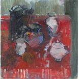 Pat ALGAR (British 1939 - 2013)  Still Life - Vases and Jugs on a Red Tablecloth, Oil on board,