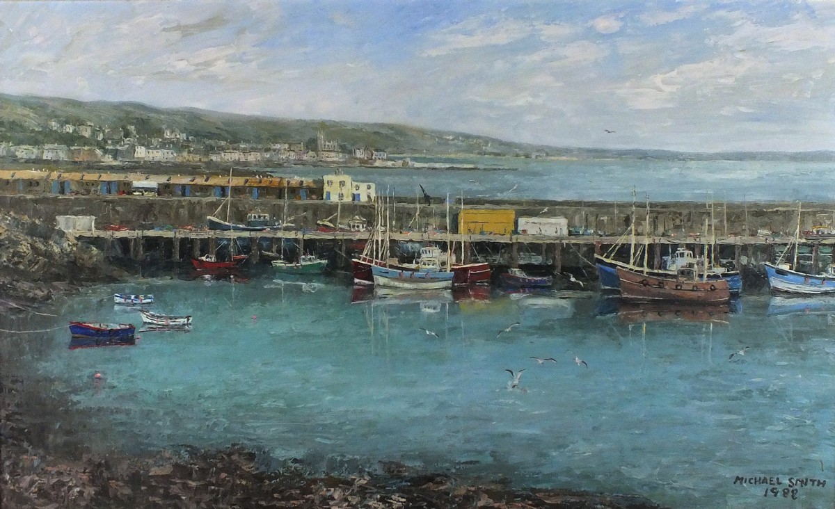 Michael SMITH (British 20th Century) View of Penzance from Newlyn Harbour, Oil on canvas, Signed &