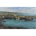 Michael SMITH (British 20th Century) View of Penzance from Newlyn Harbour, Oil on canvas, Signed &