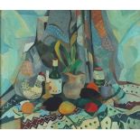 Horas KENNEDY (British 1917-1997) Still Life with Ceramic Chicken, Bottle, Textiles etc, Oil on