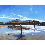 Jeremy SANDERS (British b. 1969) 'Surfer Perranporth', Oil on board, Titled verso, Signed lower