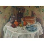 A H WILSON (British 20th century) Fine Fare - Still life of bread, fruit and beer on a table, Oil on