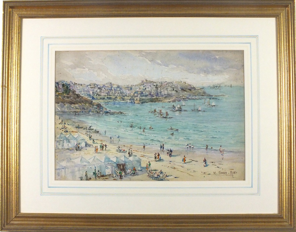 William Edward RILEY (British 1852-1937) Porthminster Beach and the Harbour, St.Ives, Cornwall, - Image 2 of 2