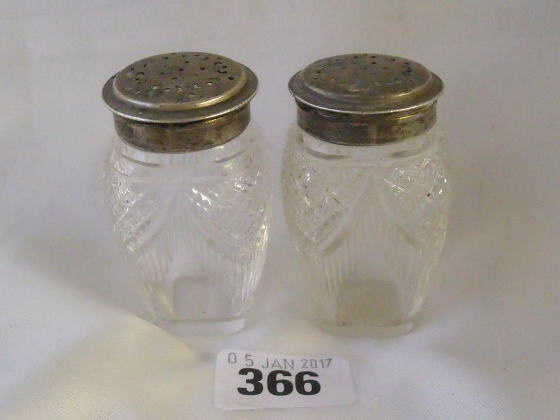 Pair cut glass pepperettes 2.5” high Sheff 1901