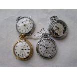 A group of four metal fob watches
