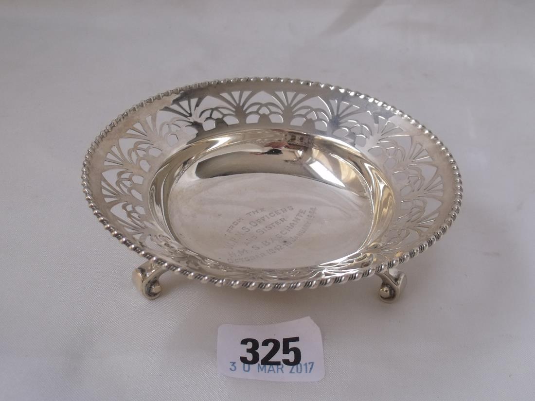 Bon bon dish with pierced rim 3 scrolling feet Birm 1939 by JC 4.5” dia 80g