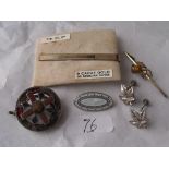 9ct on silver tie clip, Scottish brooch etc