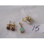 Two pairs of 9ct opal ear studs and a 9ct opal pendant