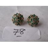 Pair 9ct emerald & diamond cluster earrings