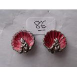 Pair of vintage pink enamel & silver shell and pixie earclips stamped sterling England 7.5g