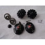 Two pairs of jet earrings and a silver & marcasite pair earrings