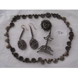 Pair of antique steel cut pendant earrings, brooches and necklace