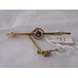 9ct amethyst bar brooch with safety chain 3.4g