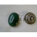 Silver oval malachite brooch and bullseye agate brooch