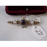 Boxed gold mounted amethyst & pearl bar brooch 2" wide