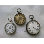 Silver cased gents pocket watch, ladies silver fob watch and another marked fine silver