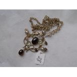 A large 9ct mounted garnet & pearl set pendant on 9ct belcher chain 17g inc